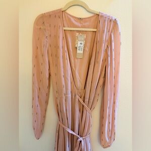 Chan Luu PINK Sheer Long Sleeve Beaded Front Button Closure Oversized Dress M